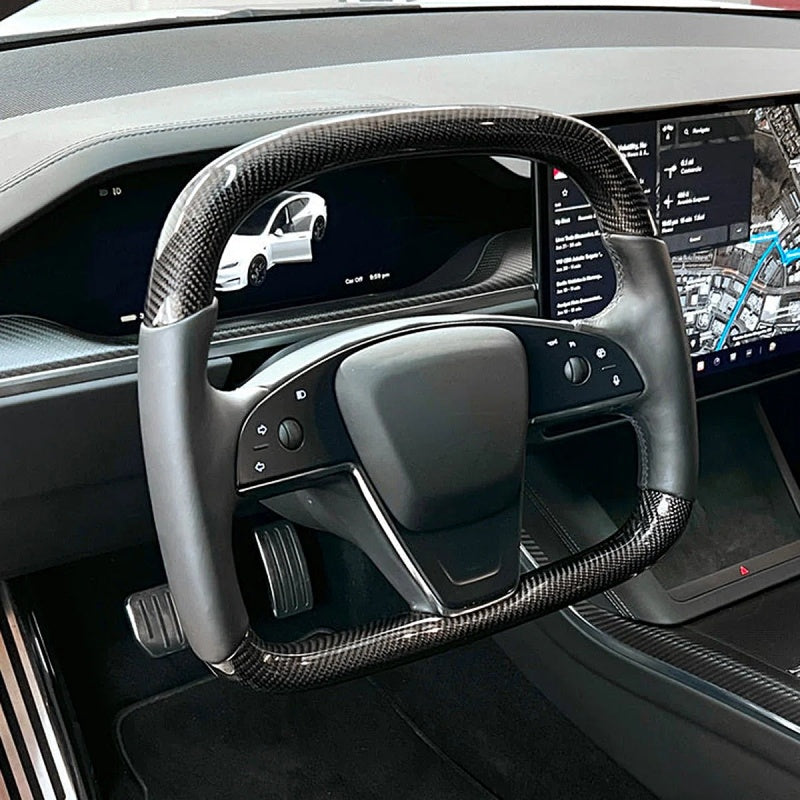 Carbon Fiber Yoke D-Round Steering Wheel for Tesla Model S Plaid (2021-2022)