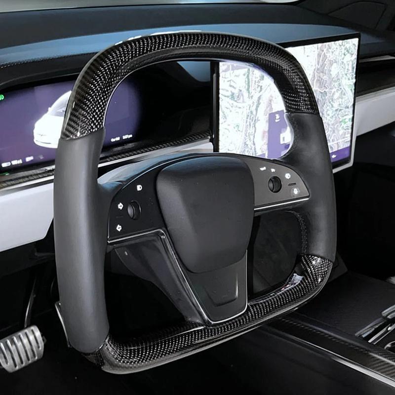 Carbon Fiber Yoke D-Round Steering Wheel for Tesla Model S Plaid (2021-2022)
